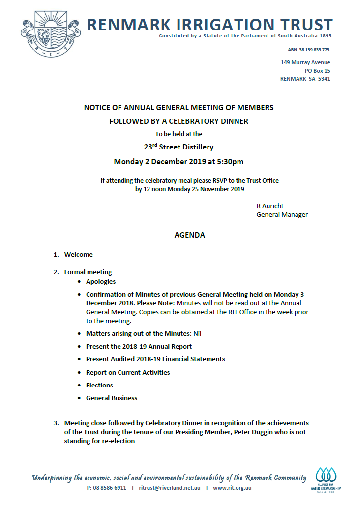 AGM Notice     Renmark Irrigation Trust